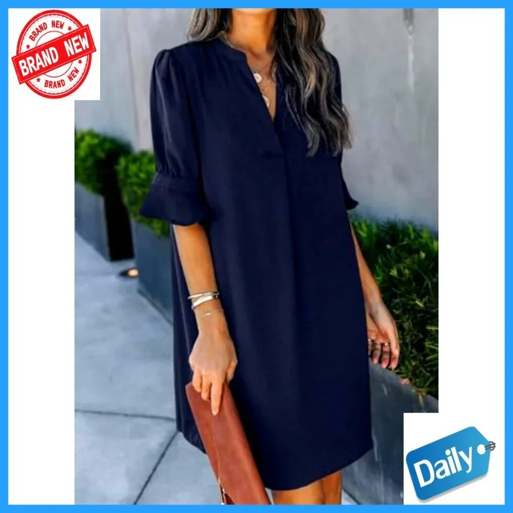Knee-Length V-Neck Shift Dress with Ruffle Sleeves, Polyester Casual Summer Wear - Picture 2 of 7